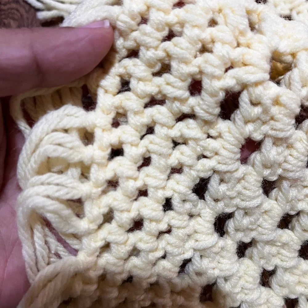 Handmade Baby Afghan Knit Crochet 32x 32 yellow with Fringe Blanket Throw